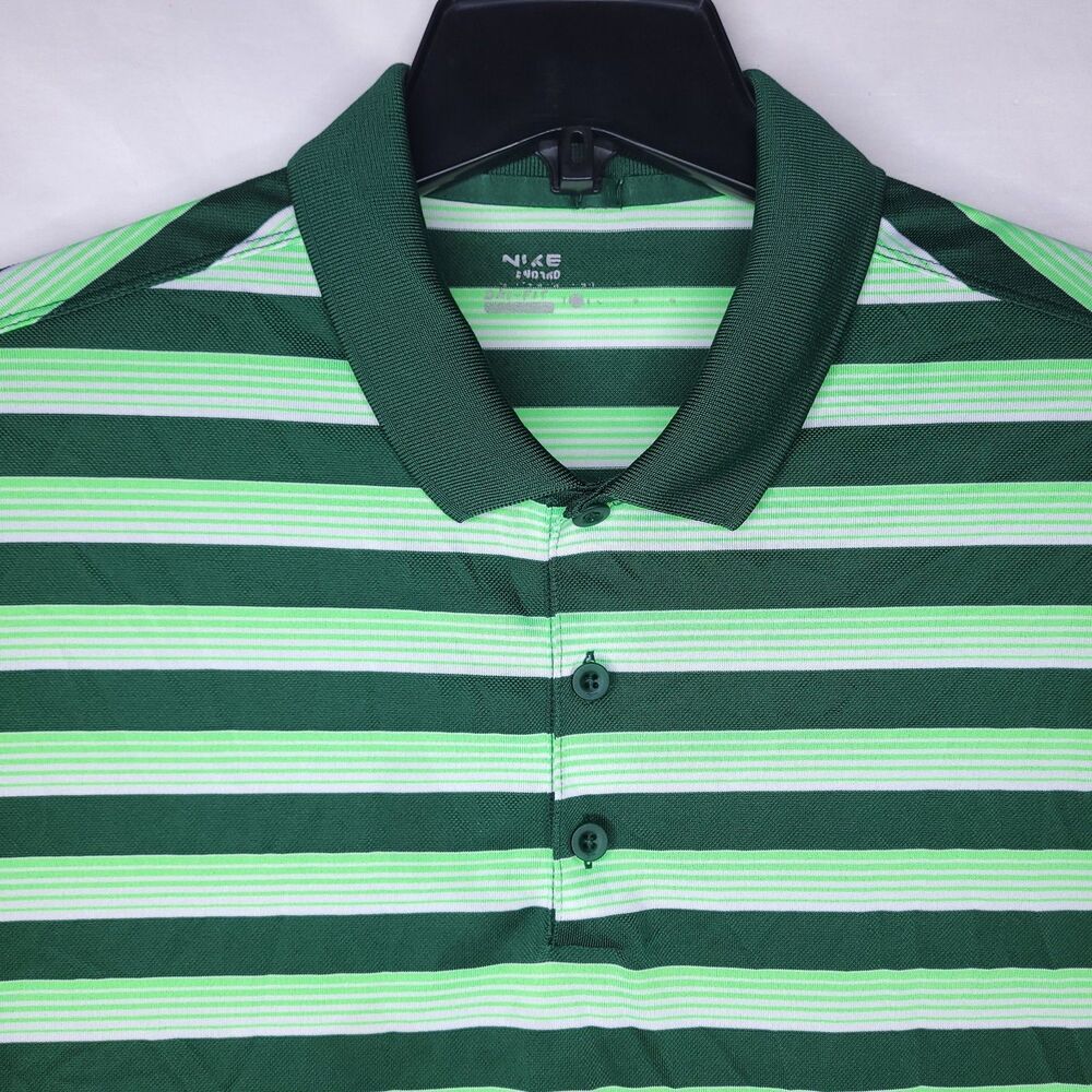 Nike Polo Shirt Mens Large Striped Green, White Golf Performance
